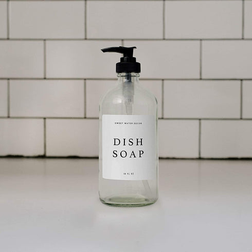 Sweet Water Decor Clear Glass Jar | Refill Dish Soap Dispenser | 16 oz Refillable Bottle with Pump | White Waterproof Label with Black Text| Rustic, Modern, Farmhouse Gift (Dish Soap)
