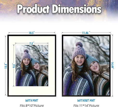 AUEAR, 11x14 Aluminum Wall Mounting Photo Frame with Ivory Mat for 8x10 Pictures Includes Sawtooth Hangers, Spring Clips Real Glass (Black)