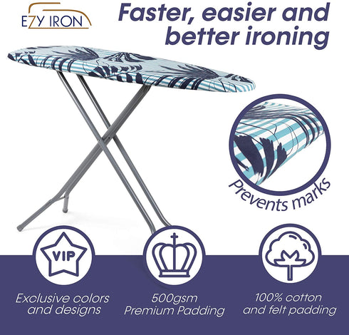Ezy Iron Ironing Board Cover and Pad - Cuts Ironing Time in Half - 15x54 inch - Reflective Thick Padding - Standard Size and 18 x 49 inches - Heavy Duty Padded Covers (Hamptons Style)