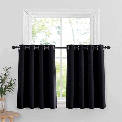 RYB HOME Half Window Kitchen Curtains Valances, Grommet Top Bedroom Blackout Window Treatment Tiers Short Curtains Energy Saving Drapes for Bedroom, 52 Width by 36 Length, Black, Set of 2