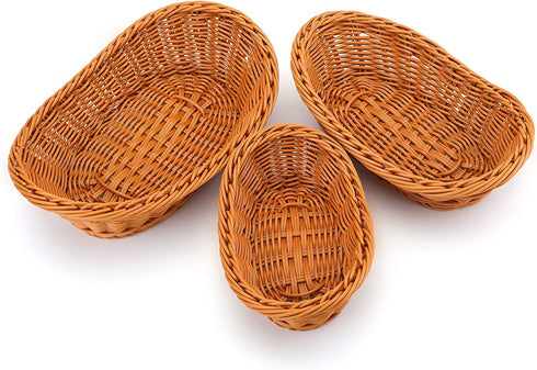 Yarlung 3 Pack Poly-Wicker Woven Breads Baskets, Stackable Oval Fruit Baskets Food Serving Holders for Vegetables, Home, Kitchen, Restaurant, Outdoor, Imitation Rattan Brown, 3 Sizes