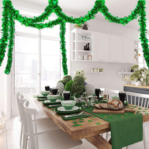 32.8 Feet St. Patrick's Day Tinsel Garland Green Shamrock Glitter Tinsel Twist Garland Decoration for Irish Festival St. Patrick's Day Party Wall Tree Door Window Decoration