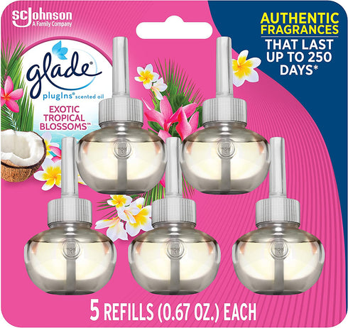 Glade PlugIns Refills Air Freshener, Scented and Essential Oils for Home and Bathroom, Exotic Tropical Blossoms, 3.35 Fl Oz, 5 Count