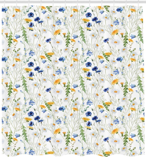 Ambesonne Flower Shower Curtain, Wild Flowers Poppies and Daisies Rural Nature Scenery in Meadows Rustic, Cloth Fabric Bathroom Decor Set with Hooks, 69" W x 75" L, Yellow White