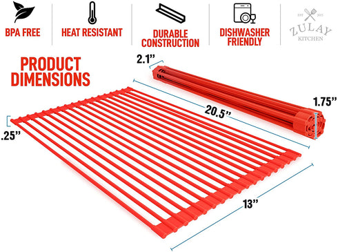 Zulay Kitchen Large 20.5" Roll Up Dish Drying Rack - Heavy Duty Silicone Wrapped Steel Rods Over Sink Dish Drying Rack - Versatile Roll Up Sink Drying Rack & Trivet - Red