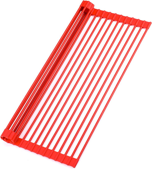 Zulay Kitchen Large 20.5" Roll Up Dish Drying Rack - Heavy Duty Silicone Wrapped Steel Rods Over Sink Dish Drying Rack - Versatile Roll Up Sink Drying Rack & Trivet - Red