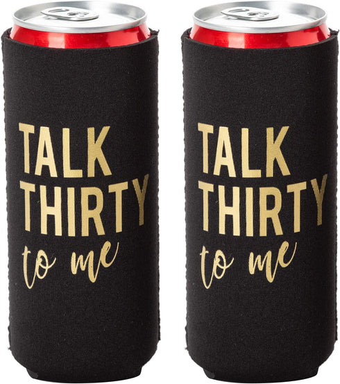 Talk Thirty To Me Can Coolers, 30th Birthday Party Coolies, Set of 12, Black/White/Pink and Gold Thirtieth Birthday Cup Coolers, Perfect for Birthday Parties, Birthday Decorations (Black, Slim)