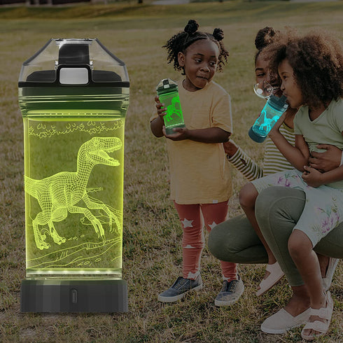 Light Up Dinosaur Water Bottle with Color Changing Night Light- 14 OZ Tritan BPA Free Eco-Friendly - Cute Velociraptor Kids Drinking Cups Gift for School Boy Girl Child Christmas Holiday