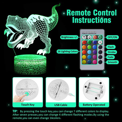 FUFUYOU T-rex Dinosaur Toys, 16 Colors 3D Desk Lamp Dimmable Remote Control Night Light for Kids Age 2 3 4 5 6 7 8-12 Year Old Boys Gifts Room Birthday Christmas