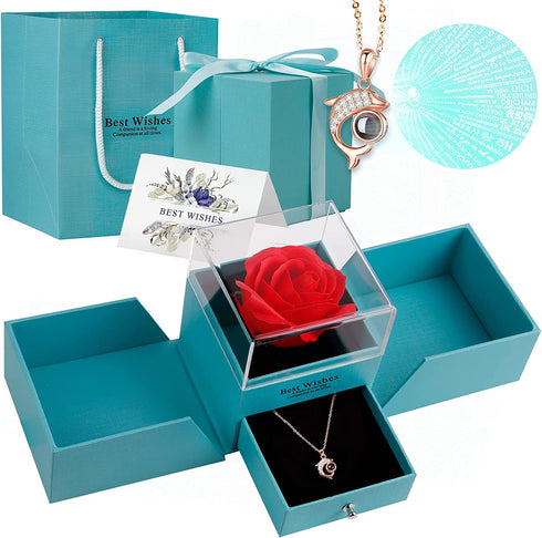 Becoyou Birthday Gifts for Mom, Forever Rose with I Love You Necklace in 100 Languages, Jewelry Gift Boxes with Gift Card