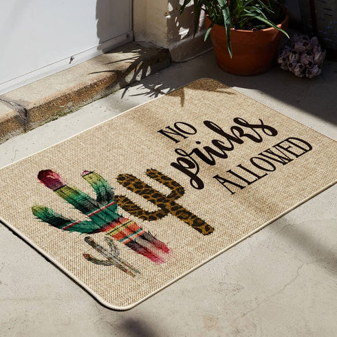 Artoid Mode No Pricks Allowed Cactus Funny Text Doormat, Seasonal Summer Holiday Creative Decorative Welcome Floor Mat Switch Mat for Indoor Outdoor 17 x 29 Inch