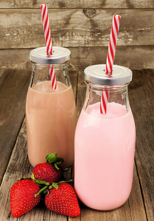 Estilo Milk Bottle - Reusable Glass Bottle for Dairy Milk With Straws & Metal Screw On Lids, 10.5 ounce, Clear, Set of 6