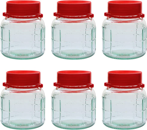 Glass Jars With Airtight Lids 32oz,Maon Jars With Handle 1L,Wide Mouth Jars With Plastic Lids For Dry Food Storage Jars for Pickling,Kitchen Canister Fermenting Sun Tea Kombucha Kefir Water Storing Canning Jars 6Pack