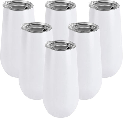 6 Pack Stemless Double Insulated Champagne Flute Tumbler with Lid, 6 Oz Unbreakable Reusable Cocktail Champagne Toasting Glasses, Good Gift for Friends Family Christmas Birthday, White