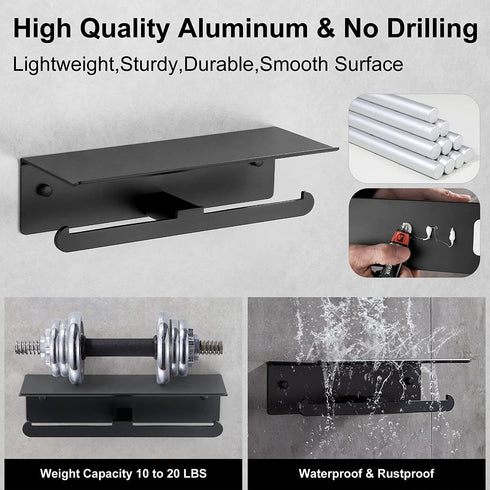Toilet Paper Holder with Shelf,DUFU Double Toilet Paper Holder with Shelf for Bathroom, Anti-Rust Aluminum Self-Adhesive No Drill or Wall-Mounted with Screws for Bathroom (Matte Black)