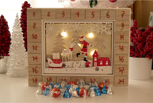 Clever Creations Wooden Christmas Advent Calendar, Countdown to Christmas, LED Holiday Decoration, Battery Operated, Red Winter Scene