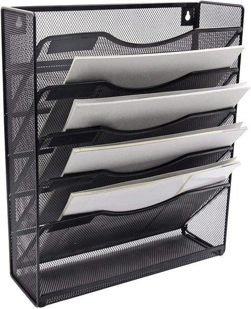 Klickpick Office 5 Sections Hanging Files Wall Mounted Metal Mesh Document File Organizer Magazine Holder Rack Desk Organizer Racks Multipurpose Use To Display File(Black, 5 tray wall racks New style)