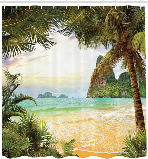 Ambesonne Ocean Shower Curtain, Palm Coconut Trees and Ocean Waves Mountains on Paradise Island Beach Image, Cloth Fabric Bathroom Decor Set with Hooks, 69" W x 70" L, Green Cream