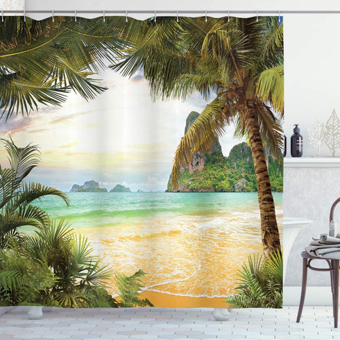 Ambesonne Ocean Shower Curtain, Palm Coconut Trees and Ocean Waves Mountains on Paradise Island Beach Image, Cloth Fabric Bathroom Decor Set with Hooks, 69" W x 70" L, Green Cream