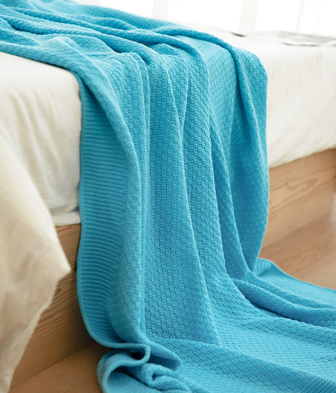 Sylanfia Blue Throw Blanket for Couch, Thin Woven Bed Throw with Pompom for Sofa, Knitted Throw Blanket for Home Decor, Suitable for All Season Rustic Blanket 50"x 60"