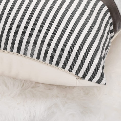 HOMFINE Farmhouse Throw Pillow Covers 18 x 18 - Decorative Accent Pillow Cover Set of 2 , Modern Decor Stripe Faux Leather Patchwork Square Cushion Pillow Case for Couch Sofa, Grey