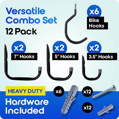 12 pack Heavy-Duty Storage Hooks - Combo Set of 6 Extra-Wide Bike Hooks + 6 Garage Utility Hooks in 3 Sizes - Organize Bikes, Ladders & Tools, for Ceiling & Wall Mounts + Screws & Anchors By Inovastik