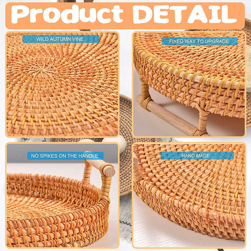 Rattan Basket Trays, Round Wicker Tray with Wooden Handle, Wicker Baskets Tray Rattan Round Handmade, Woven Rattan Serving Boho Tray for Coffee Table Decor (9.4inch / 23.8cm)
