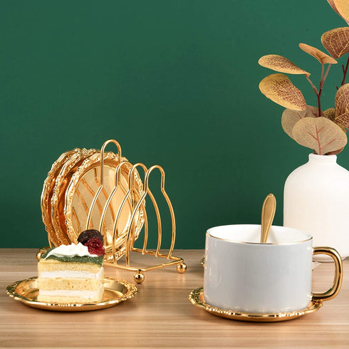 Feyarl Gold Set of 6pcs Drink Coasters Plates Coffee Cup Coasters with Rack Non-Slip Metal Cup Mats Tabletop Display for Coffee Tabletop Bar Living Room Home Deco Kitchen