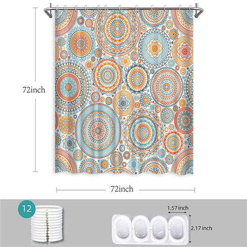 Boho Shower Curtain Orange Floral Mandala Flower Paisley Bohemian Shower Curtains for Bthroom, Orange Blue and Teal, 72" x 72"