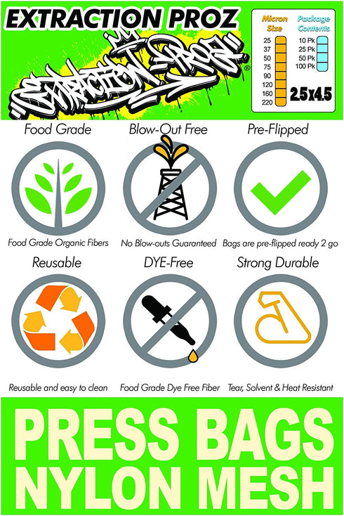 Extraction Proz 2.5 x 4.5 Inch Nylon Micron Screen Mesh Tea Filter Press Bags 25 Pack (90 Micron)