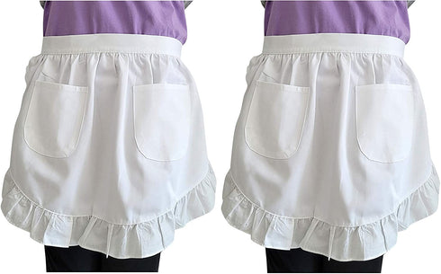 CRB Fashion Womens Retro Waist Apron with Pockets for Cooking Costume 2 PACK (White)