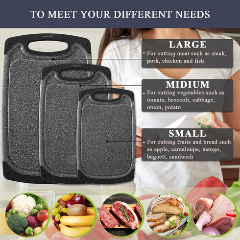 Plastic Cutting Board, 3 Pieces Dishwasher Safe Cutting Boards with Juice Grooves, Easy Grip Handle, Non-Slip, with Grinding Area for Grinding Garlic and Ginger