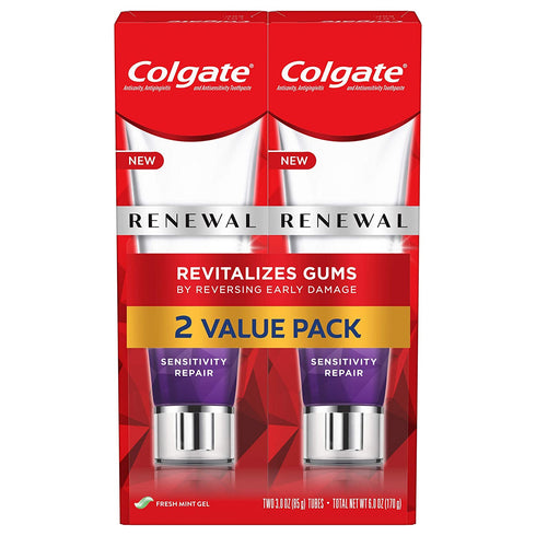 Colgate Renewal Gum Toothpaste Gel, Sensitive Toothpaste for Gingivitis and Improved Gum Health, Mint Gel, Sugar Free, Enamel Safe, Gluten Free, Vegan, 2 Pack, 3 Oz Tubes