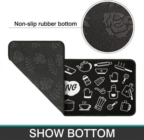 Fuoxowk Cooking Theme Kitchen Mat and Rug Set-Kitchen Rugs and Mats Non Skid Washable,Floor Cushion Waterproof Rug,Rubber Backed Area Rugs for Kitchen Sink,Laundry Room,Indoor Floor,Black&White