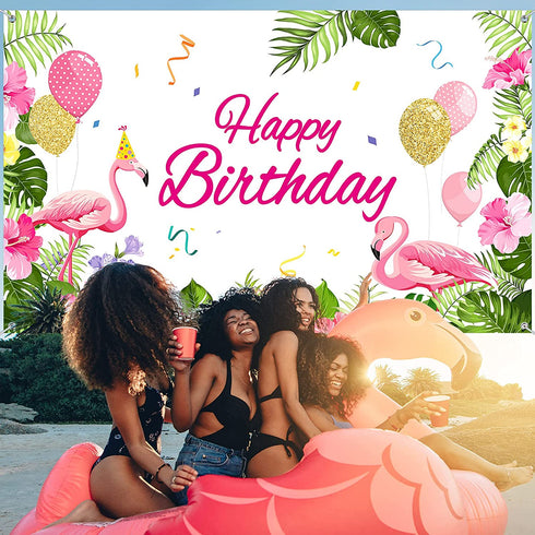 Summer Flamingo Themed Party Decoration Backdrop Flamingo Banner Party Supplies Tropical Floral Photo Booth Hawaiian Themed Party Decoration for Birthday Party Luau Beach Party, 70.8 x 43.3 Inch
