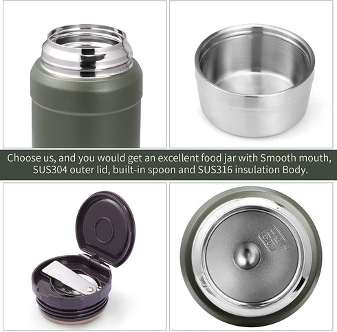 ZTXPRO Thermos Food Jar Insulated Lunch Container for Hot & Cold Food 27 oz Stainless Steel Wide Mouth Soup Thermos with Folding Spoon for School/Work/Travel/Outgoing - Olive