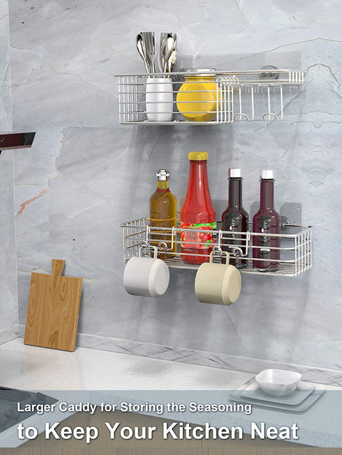 SMARTAKE 2-Pack Shower Caddy, Combined Bathroom Shelf with Soap Dish and Hooks for Hanging Razor Brush Sponge, Wall Mounted Rustproof Basket with Adhesive, No Drilling, 304 Stainless Steel, Silver