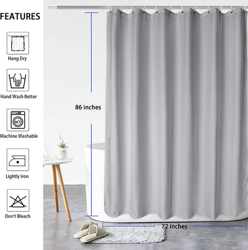 AooHome Extra Long 86" Shower Curtain, Fabric Bathroom Curtain Waffle Weave Pattern with Weighted Hem for Hotel, Heavyweight, Water Repellent, 72 Width by 86 Height Inch, Gray