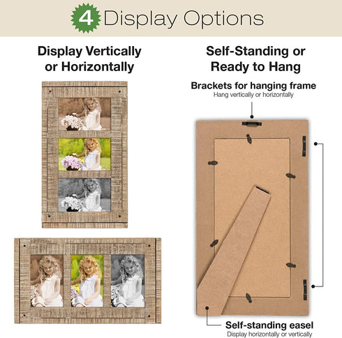 Rustic Three Picture Frame: Holds three 4x6 Photos Overall Size 15.5x9: Shabby Chic, Driftwood, Barnwood, Farmhouse, Reclaimed Wood Picture Frame. Ready to Hang or use on Tabletop
