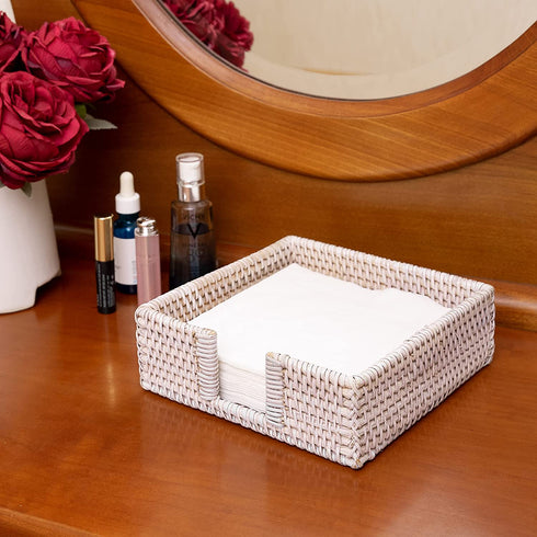 Rattan Napkin Guest Towel Holder For Kitchen 7.5 x 7.5 x 2.5 inches Square Wicker Tissue Paper Holder Caddy for Dining Table Flat Woven Boho Napkins Dispenser for Dinner (Luncheon, White Wash)