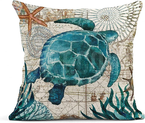 Emvency Set of 4 Throw Pillow Covers Blue Ocean Theme Nautical Coastal Octopus Hippocampus Turtle Whale Mediterranean Style Decorative Pillow Cases Home Decor Square 18x18 Inches Pillowcases