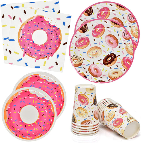 Donuts Party Supplies Tableware Set 24 9" Dinner Plates 24 7" Dessert Plate 24 9 Oz. Cups 50 Lunch Napkins for Doughnut Sprinkle Hanukkah Baby Shower Birthday Theme Disposable Paper Goods Decorations