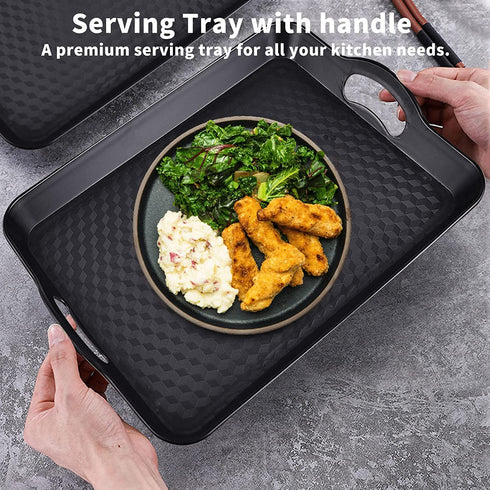 Plastic Tray with Handles, 2 Pack Multi-Purpose Rectangular Non Slip Restaurant Serving Trays Set for Parties, Coffee Table, Kitchen (Black-A)