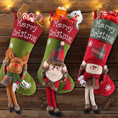 JUOIFIP 23'' Large Christmas Stockings Set of 3 - 3D Santa Snowman Reindeer Personalized Christmas Hanging Stockings Christmas Fireplace Stairs Decorations for Family Holiday Party