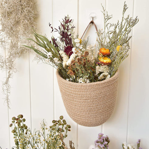 JS HOME 2 Pack Jute Hanging Baskets with Leather Handle, Decorative Wall Basket for Plants and Flowers, Small Woven Fern Wall Hanging Basket, Hanging Baskets for Organizing, Jute, 8" x 7''