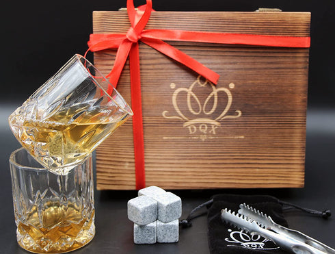 Whiskey Glasses and Stones Gift Set for Men, Whiskey Lover, Birthday, Anniversay, Retirement and Christmas. 2 old Fashiones Rock Glasses+ 8 Granite Chilling Rocks+Tongs+ Wooden Box