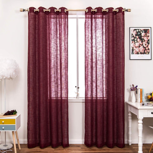 AmHoo 2 Panels Linen Sheer Curtains Premium Heavy Semi Draperies with Grommet Top Drapes Voile Panels Window Treatment for Living Bedroom Room Burgundy 52 x 95 Inch