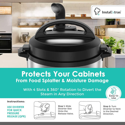 Silicone Steam Release Diverter Accessory - Compatible With Instant Pot DUO, DUO Plus, Nova Plus, Smart, Fits Mini, 3-Qt 5-Qt 6-Qt 8-Qt IP - Cover Pressure Valve To Vent Instapot Steam (Black)