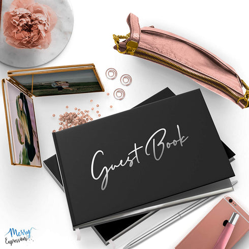 Merry Expressions Black Guest Book & Pen 9"x7" Hardcover 100 Page/50 Sheets Silver Foil Gilded Edges for Guests & Visitors to Sign at a Wedding, Funeral or Memorial, Party, Baby or Bridal Shower