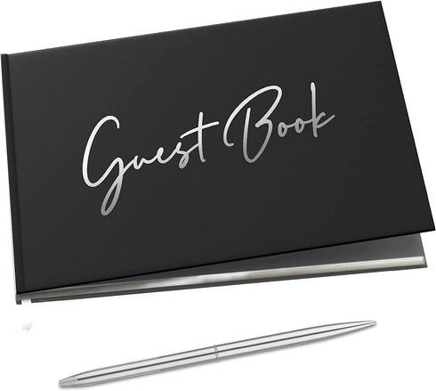Merry Expressions Black Guest Book & Pen 9"x7" Hardcover 100 Page/50 Sheets Silver Foil Gilded Edges for Guests & Visitors to Sign at a Wedding, Funeral or Memorial, Party, Baby or Bridal Shower
